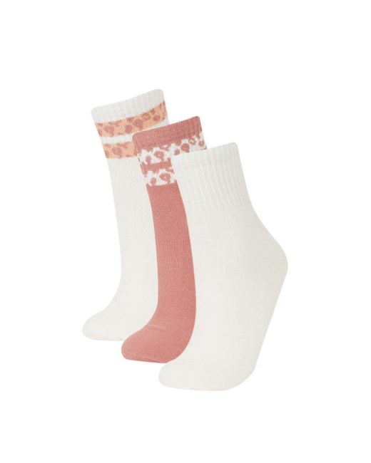 Defacto White 3-Teilige Baumwolle Lange Socken E2166Axns Für Damen
