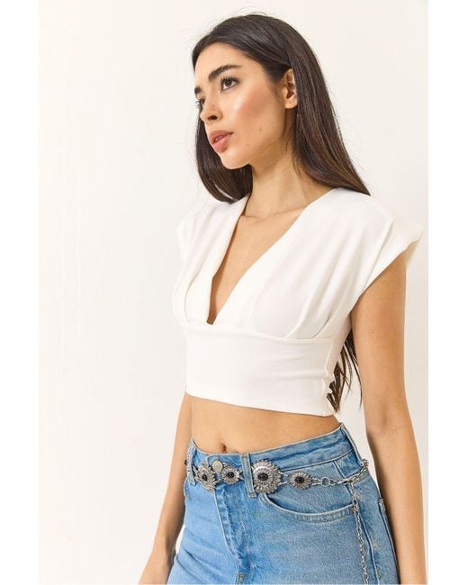 Bianco Lucci White Leichte, Tief Ausgeschnittene Crop-Bluse Für Damen