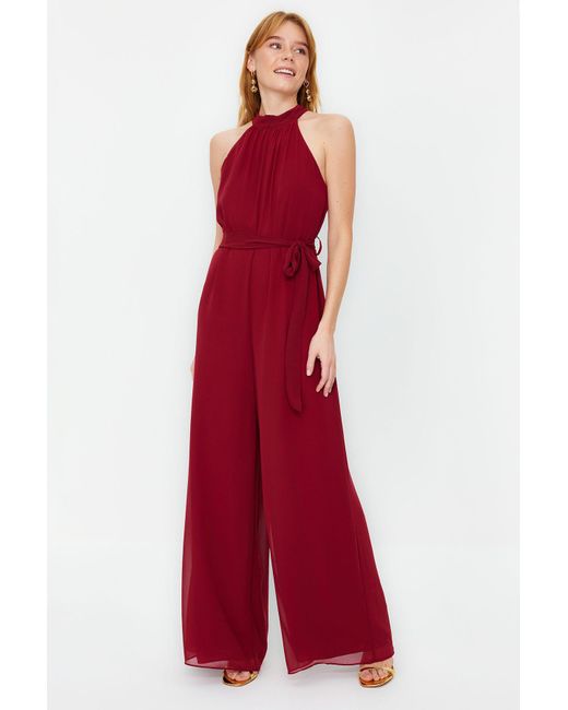 Trendyol Red Burgunderroter Maxi-Jumpsuit Aus Gewebtem Chiffon Mit Gürtel Und Futter Für Damen