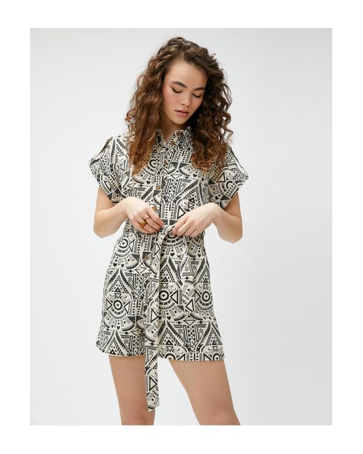 Koton Black Shorts, Overalls, Kurze Ärmel, Geknöpft, Ethnisch Gemustert, Taille Mit Gürtel Für Damen