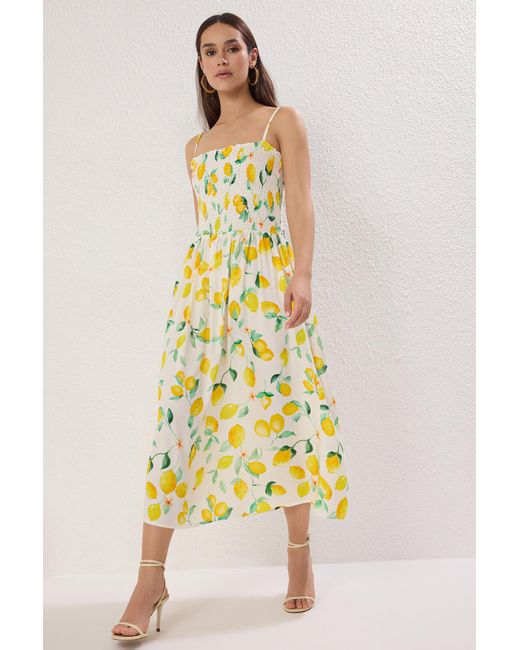 Trendyol Metallic Gelber Tropischer Midirock – Gewebtes Kleid Mit Gipsverschluss An Der Taille Für Damen