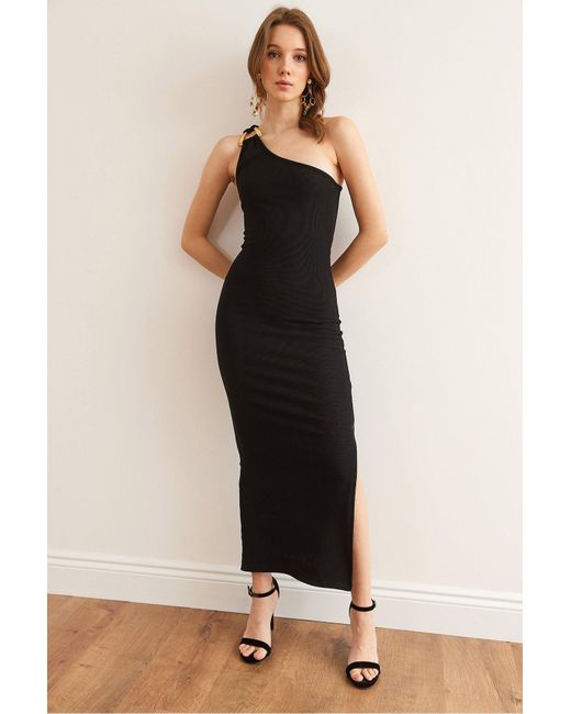 Olalook Black Schwarzes, Einschultriges, Detailliertes, Geripptes Midikleid Elb- 19002351 Für Damen