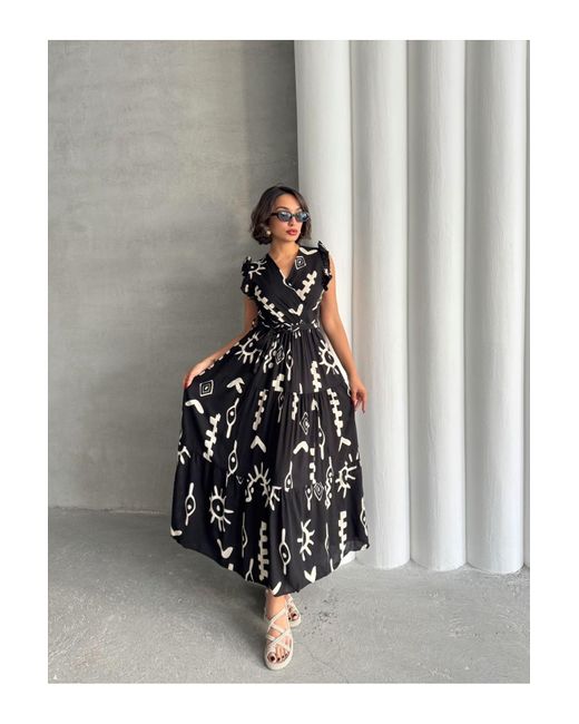 BEJNA Black Schwarzes, Gewebtes Kleid Mit Fliegenärmeln Und Zweireihigem Ausschnitt Für Damen