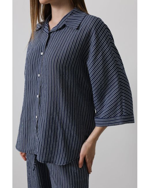 Trendyol Blue Marineblaues, Übergroßes, Gestreiftes Hemd Mit Dreiviertelärmeln Für Damen