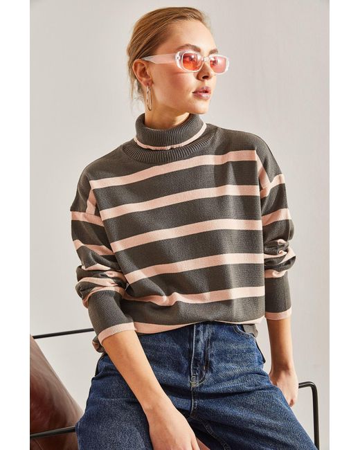 Bianco Lucci Blue Gestreifter Rollkragenpullover Für Damen