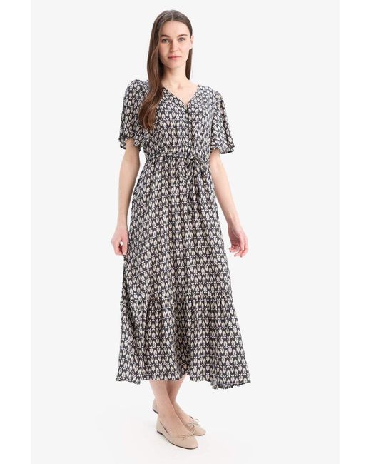 Defacto Multicolor V-Ausschnitt, Blumenmuster, Schnürung, Kurze Ärmel, Midi-Sommerkleid D2835Ax25Sm Für Damen