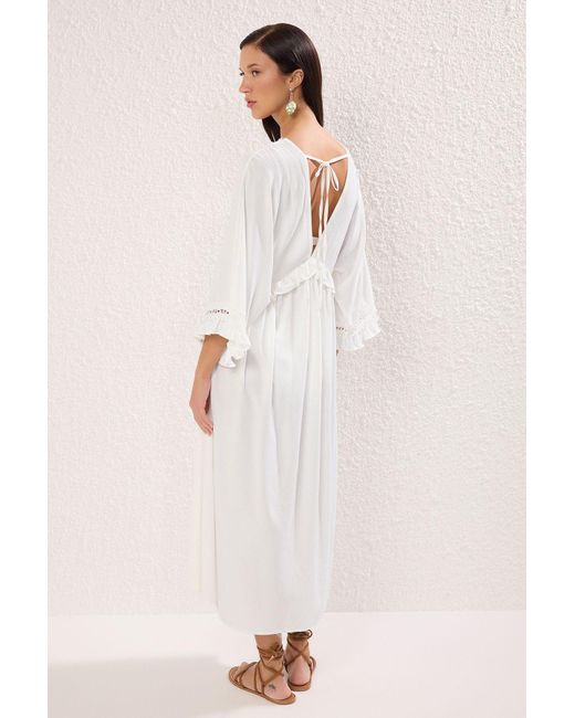 Trendyol White Maxi Gewebtes Volant-Strandkleid Für Damen
