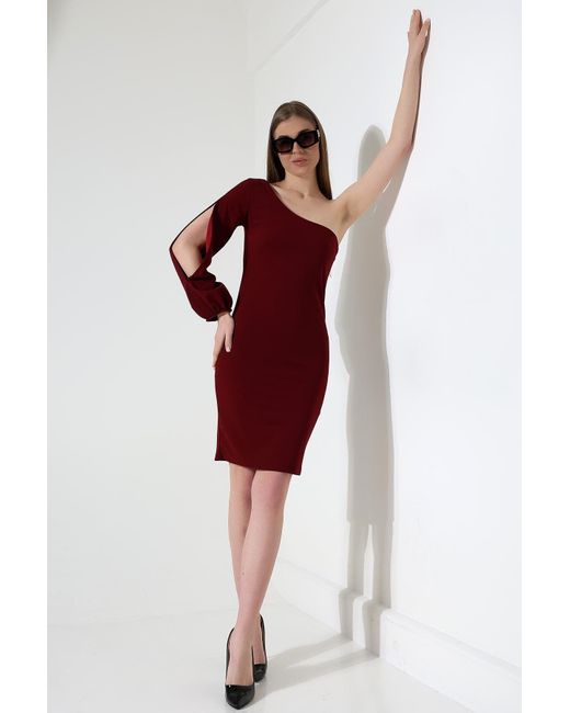 Deafox Red Burgunderrotes, Importiertes Kleid Aus Crêpe-Stoff Mit One-Shoulder-Ärmeln Für Damen
