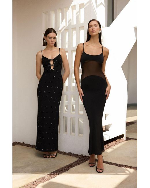Trendyol Black Schwarzes, Glänzendes, Mit Strasssteinen Besetztes, Detailliertes, Gewebtes, Langes, Stilvolles Abendkleid Für Damen