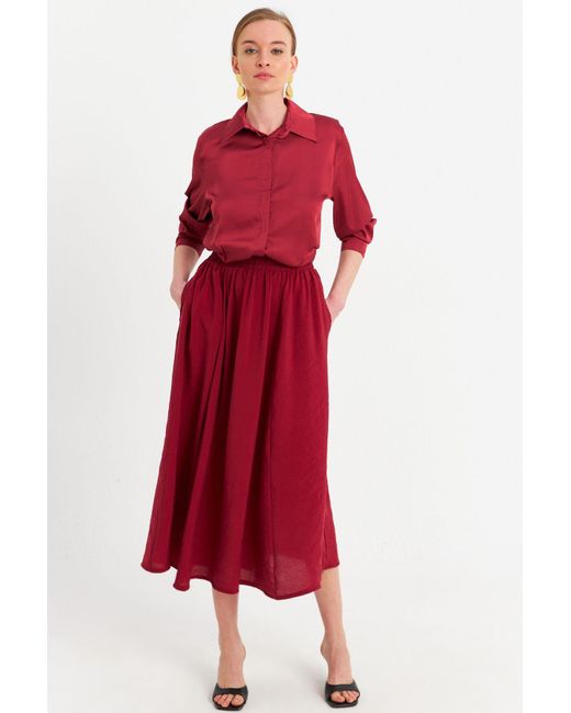 Cool & Modest Red Burgunderroter Midirock Mit Taschen Für Damen