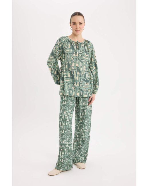 Defacto Green Langärmlige Bluse Mit Normaler Passform Und Kordelzug-Ausschnitt Für Damen