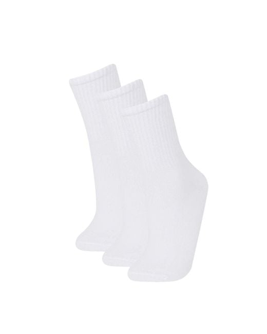 Defacto White Bequeme Elastische 3-Teilige Lange Baumwollsocken F2465Axns Für Damen