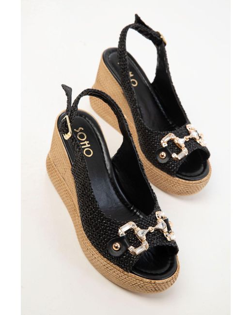 Soho Black Schwarze Stroh-Schuhe Mit Keilabsatz Für Damen