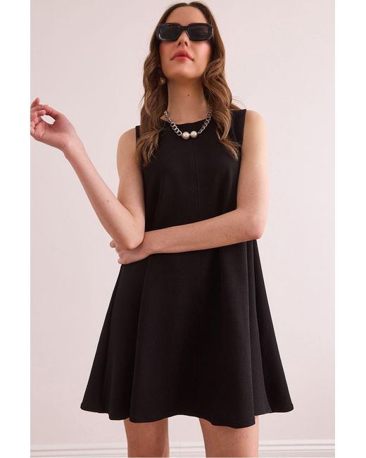Olalook Black Schwarzes Mini-Krepp-Glockenkleid Mit Reißverschluss Vorne Und Reißverschluss Hinten Elb- 19002378 Für Damen