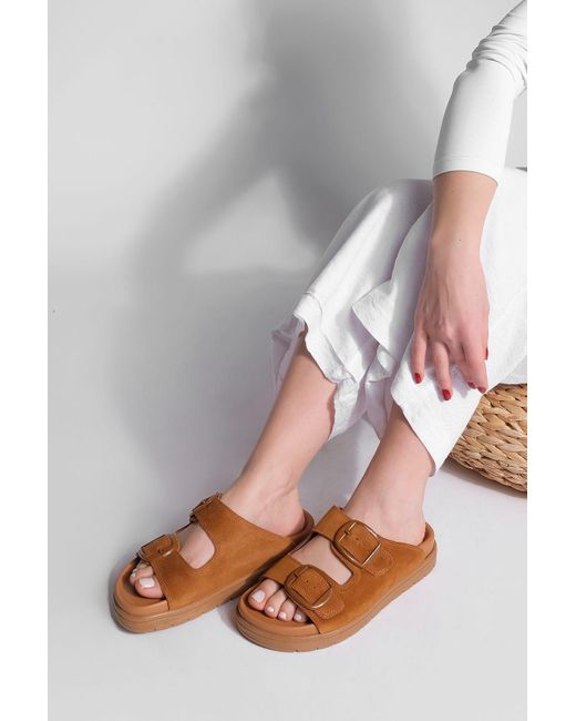 Marjin Brown Hausschuhe Aus Echtem Leder Mit Dicker Sohle Und Schnalle, Rontes Tan Wildleder Für Damen