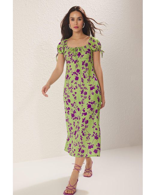 Trendyol Green Grünes, Geblümtes, Gewebtes Maxikleid Für Damen