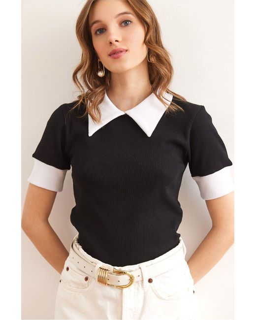 Olalook Black Schwarze Bluse Mit Hemdkragen Aus Dehnbarer Baumwolle Blz- 19002869 Für Damen