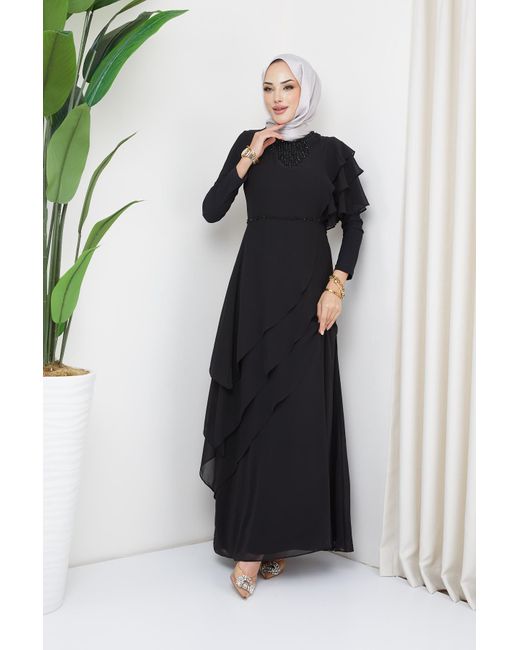 Olcay Black Perlen- und schwungrad-detailliertes chiffon-hijab-abendkleid