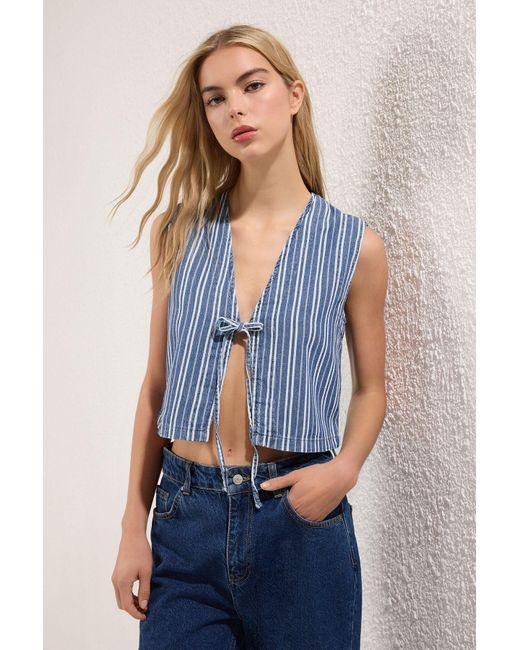 Trendyol Blue Gestreifte Denimweste Mit Schnürdetail Für Damen