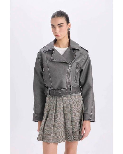 Defacto Gray Relaxed Fit Kunstlederjacke – Zweireihiges Revers Mit Gürtel Und Reißverschluss Für Damen
