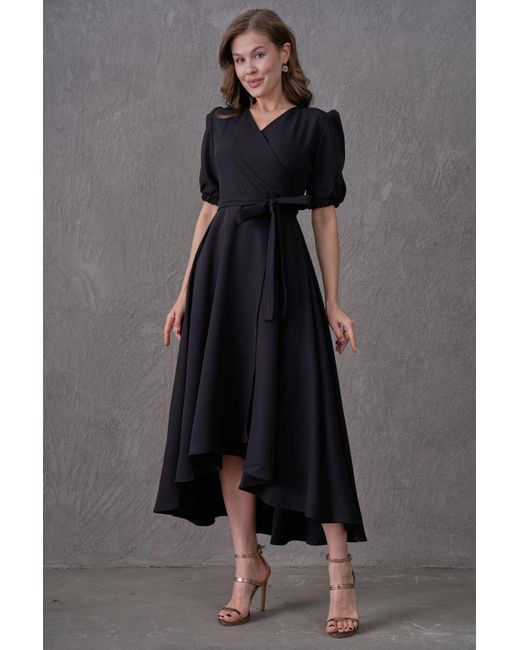 Lovebox Pink Schwarzes, Zweireihiges Midikleid Mit Ausschnitt – Asymmetrisch Geschnittenes, Ausgestelltes Kleid Mit Gürtel 410 Für Damen