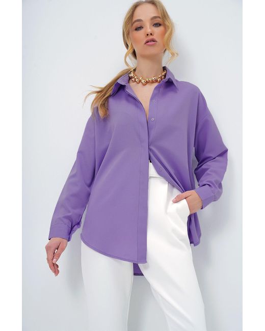 Trend Alaçatı Stili Purple Lilafarbenes, Übergroßes, Langes, Gewebtes Hemd Für Damen