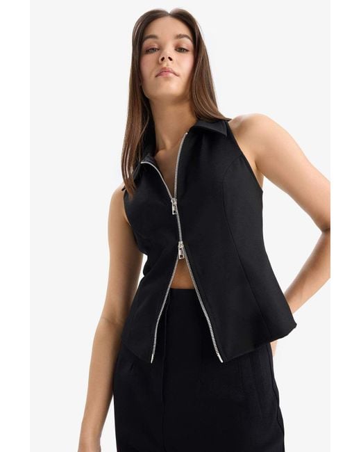 Defacto Black Afra X Ärmelloser Cardigan Mit Polokragen Und Reißverschluss E5969Ax25Sp Für Damen