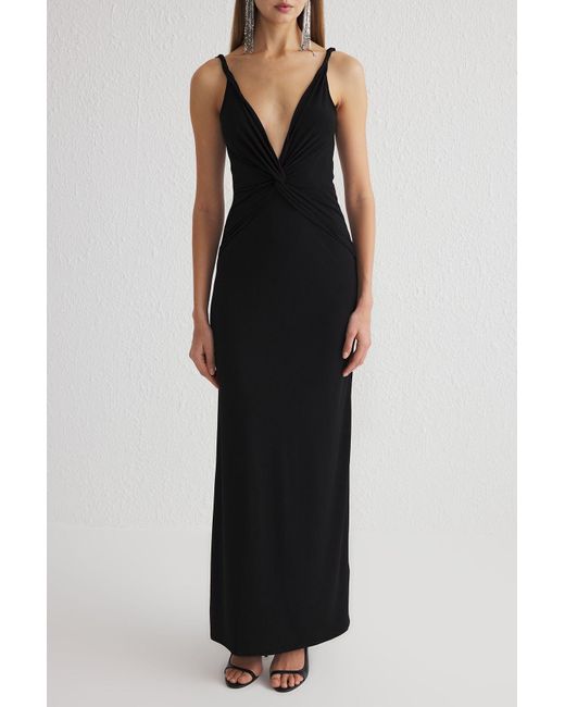 Trendyol Black Schwarzes, Zweireihiges, Gestricktes, Langes, Stilvolles Abendkleid Mit Ausschnitt Für Damen