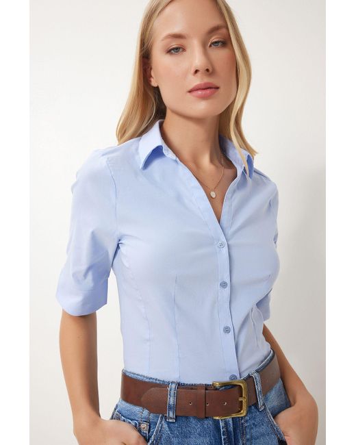 Happiness İstanbul White Himmelblaues Basic-Popeline-Hemd Mit Spitze Für Damen
