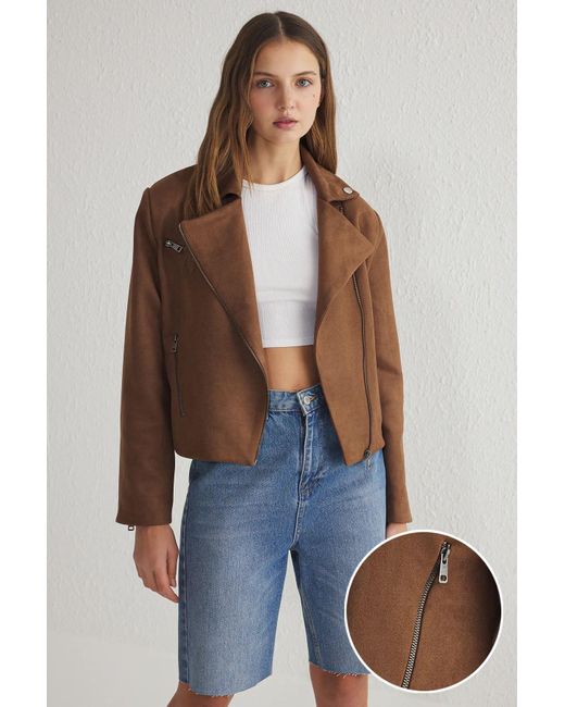 Trendyol Blue Braune Bikerjacke Aus Wildleder – Normale Passform Für Damen