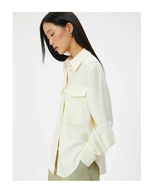 Koton White Hemdjacke Langarm Pattentasche Geknöpft Für Damen