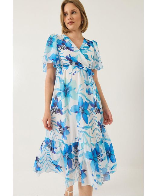 Bianco Lucci Blue Chiffonkleid Mit Zweireihigem Ausschnitt, Elastischer Taille Und Gürtel, Gefüttert Und Gemustert Für Damen
