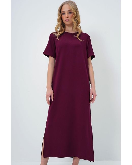 Trend Alaçatı Stili Purple Burgunderrotes Strickkleid Mit Rundhalsausschnitt Und Kurzen Ärmeln Und Schlitz Für Damen
