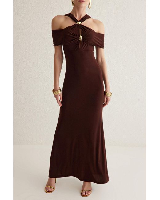 Trendyol Brown Braunes, Figurbetontes, Detailliertes, Gestricktes, Langes, Stilvolles Abendkleid, Nachtabendkleid Für Damen