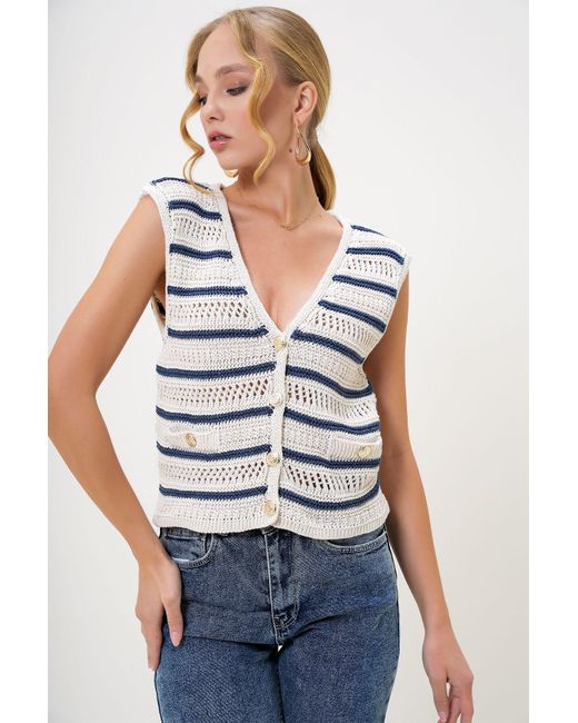 Trend Alaçatı Stili Multicolor Marineblaue, Durchbrochene Strickweste Mit V-Ausschnitt Und Knöpfen Für Damen