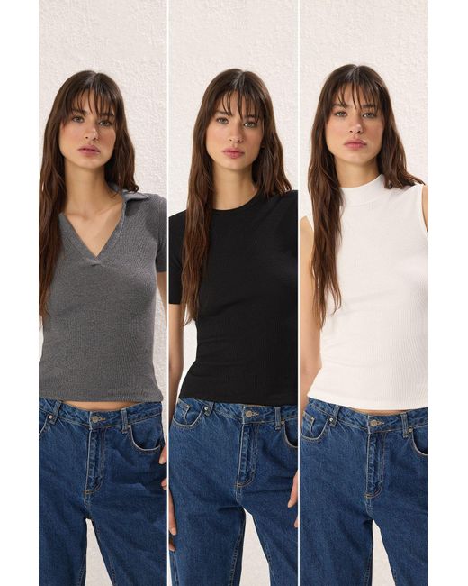 Trendyol Blue Anthrazit-Ecru 3Er-Pack Gerippte, Dehnbare Strickbluse Für Damen