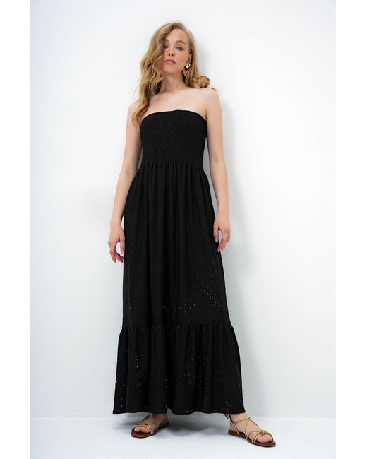 Trend Alaçatı Stili Black Schwarzes, Mit Gimp Gefüttertes, Trägerloses Guipure-Kleid Für Damen