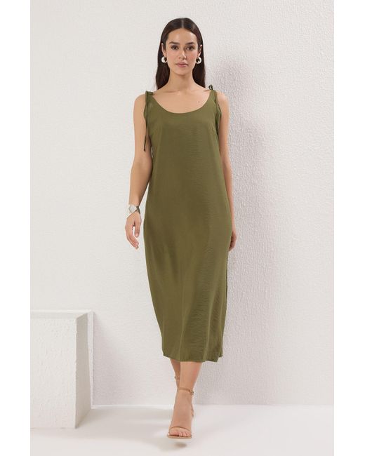 Trendyol Green Khakifarbenes, Gerades Midi-Webkleid Für Damen