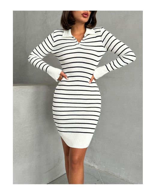 BEJNA Gray Gestreiftes Mini-Strickkleid Mit Polokragen Für Damen