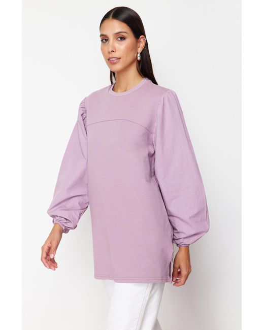 Trendyol Purple Farbenes popeline-sweatshirt mit gestrickten ärmeln und detail