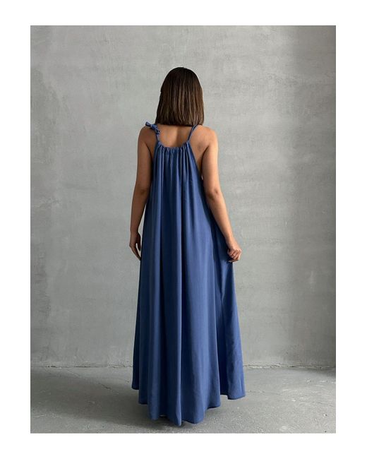 BEJNA Blue Indigofarbenes, Entspanntes Maxi-Modalkleid Mit Neckholder Für Damen