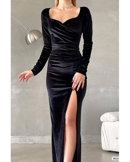 Deafox Blue Schwarzes, Langärmliges Samtkleid Mit Schlitzdetail Für Damen