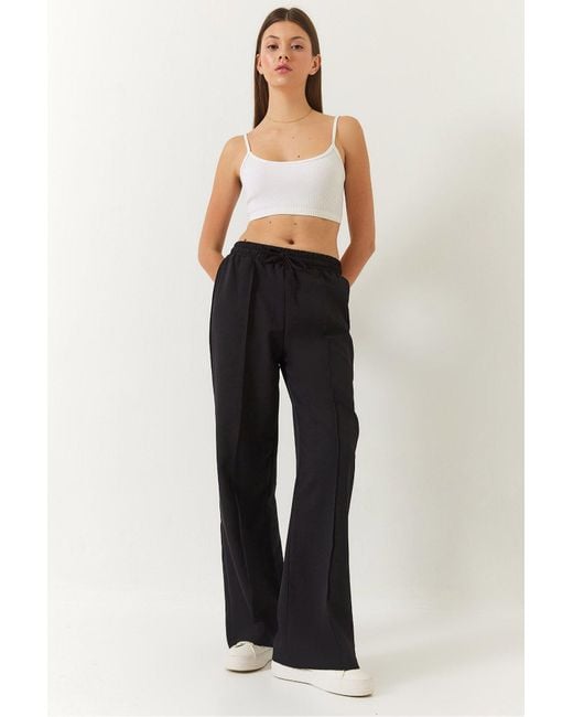 Bianco Lucci Black Doppel-Palazzo-Hose Mit Elastischem Bund Und Krawatte 4009 Für Damen