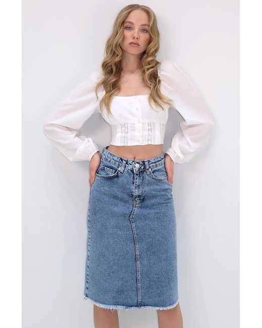 Trend Alaçatı Stili Blue Blauer Midi-Jeansrock Mit Hoher Taille Und 5 Taschen Für Damen