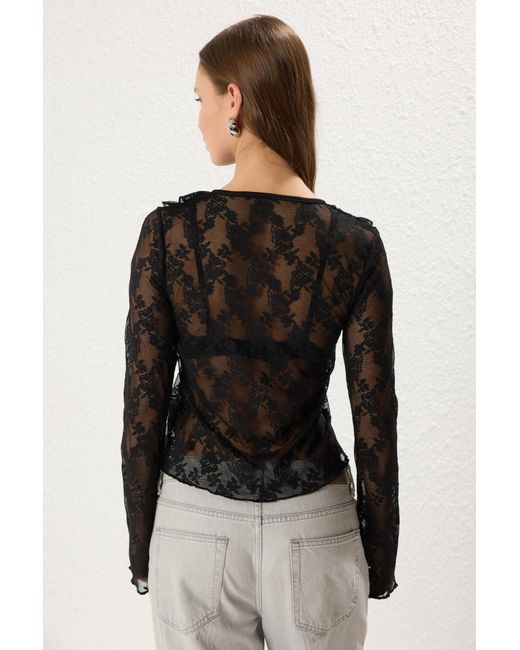Trendyol Black Schwarze, Taillierte, Figurbetonte, Dehnbare Strickbluse Mit Raffung/Drapierung Und Bindedetail Für Damen