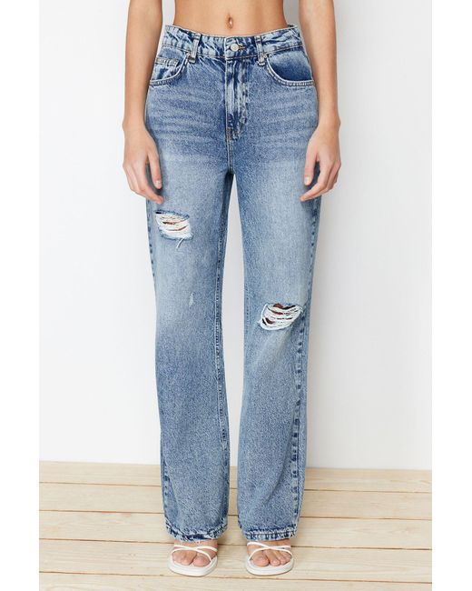 Trendyol Blue Blaue Zerrissene Jeans Mit Weitem Bein Und Hoher Taille Für Damen