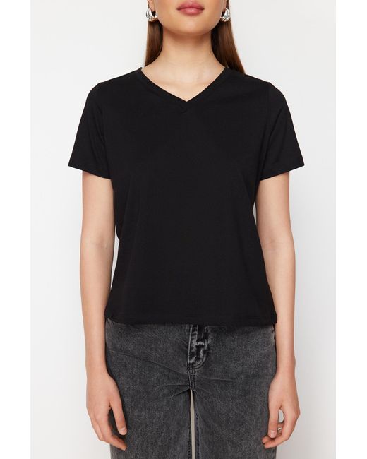 Trendyol Black Rosa 100% baumwolle 2er-pack basic v-ausschnitt strick-t-shirts