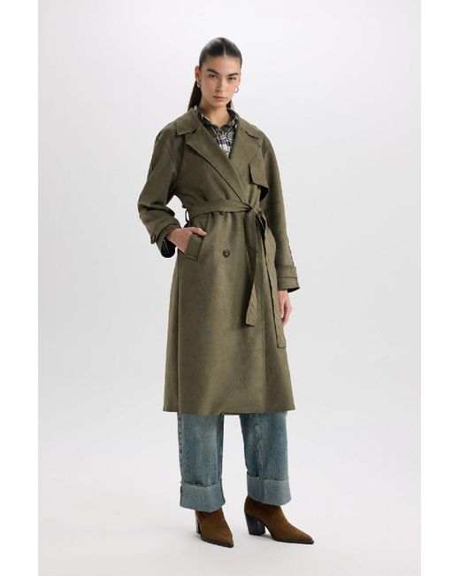 Defacto Green Normale Passform, Smoking-Revers, Langer Wildleder-Trenchcoat Mit Gürteltasche Für Damen