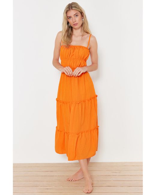 Trendyol Orange Farbenes, gerafftes maxi-strandkleid aus webstoff