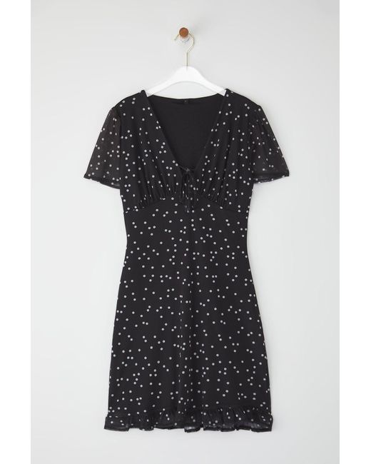 Trendyol Black Schwarzes, Gepunktetes Mini-Tüll-Strickkleid Mit Taillenbändern Und Schnürung Für Damen